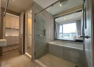 Contemporary bathroom interior with bathtub and view