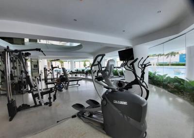 Modern home gym with cardio equipment and weights overlooking a pool