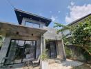 Modern two-story house with outdoor patio and garden