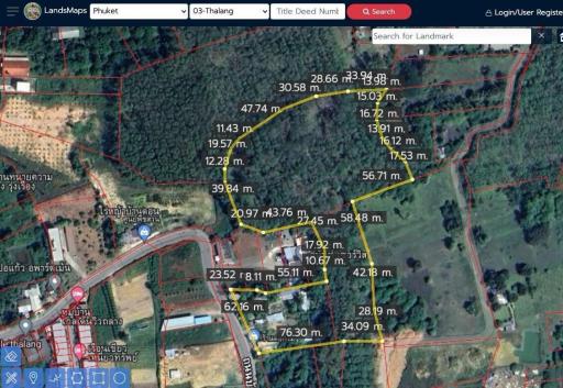 Aerial view of a property with property lines and measurements