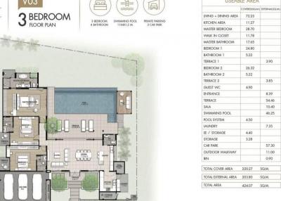 Architectural floor plan of a 3-bedroom apartment