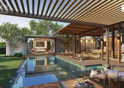 Elegant outdoor living space with pool and lounging area
