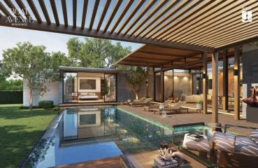 Elegant outdoor living space with pool and lounging area