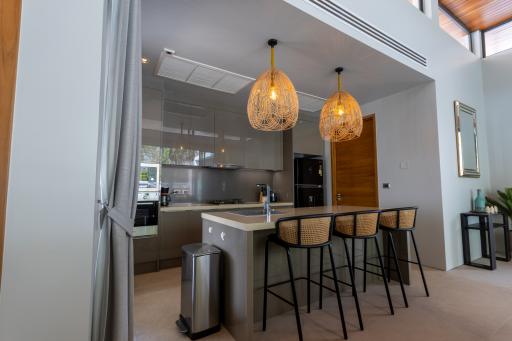 Modern kitchen interior with island and elegant pendant lights