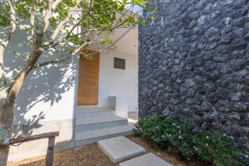 Contemporary house exterior with stone wall and wooden door
