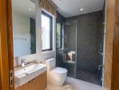 Modern bathroom with natural light and a walk-in shower