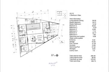 Architectural blueprint of a 4 bedroom villa with measurements