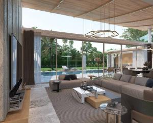 Spacious and modern living room with open plan design, floor-to-ceiling windows, and pool view