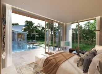 Modern bedroom with large windows overlooking a pool