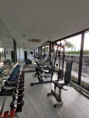 Home gym area with various fitness machines and equipment