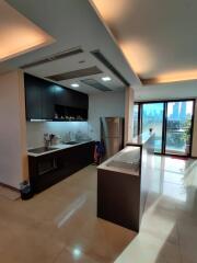 Modern kitchen with city view and open layout