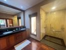 Spacious bathroom with dual sinks, large mirror, and walk-in shower