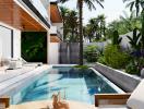 Modern backyard with swimming pool surrounded by lush greenery and comfortable patio furniture