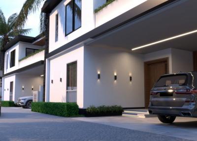 Modern residential building exterior in the evening with stylish outdoor lighting and vehicles