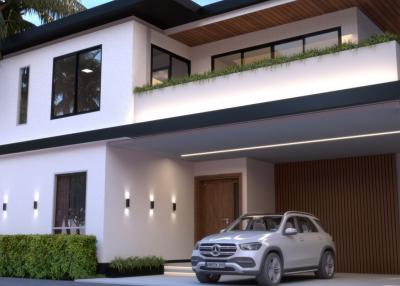 Modern two-story white house with balcony and carport including a car parked