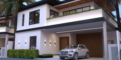 Modern two-story white house with balcony and carport including a car parked