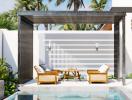 Stylish outdoor patio with poolside seating and modern pergola