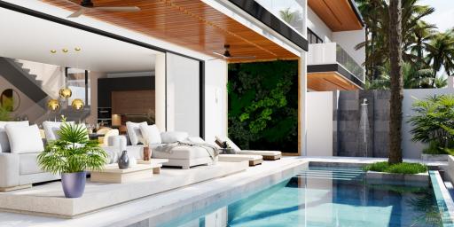 Elegant outdoor area with pool and covered patio