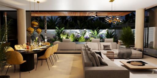 Modern open-plan living space with dining area and view to outside garden