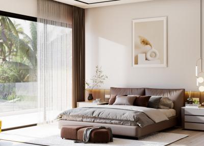 Modern bedroom with large window and natural light