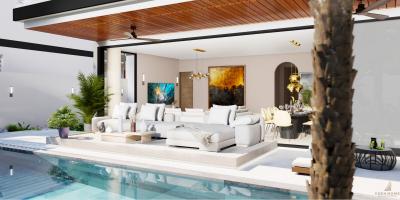 Modern living area with pool view, ample seating, and stylish interior design