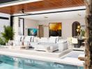 Modern living area with pool view, ample seating, and stylish interior design