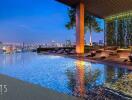 Luxurious rooftop swimming pool with city skyline view at dusk