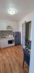 Compact kitchen with modern appliances and wood laminate flooring