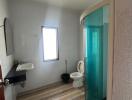 Compact bathroom with a walk-in shower and wooden floor