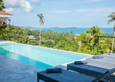 Luxurious infinity pool with ocean view and lounging area