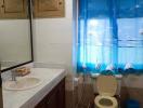 Compact bathroom with blue shower curtain and wooden cabinetry