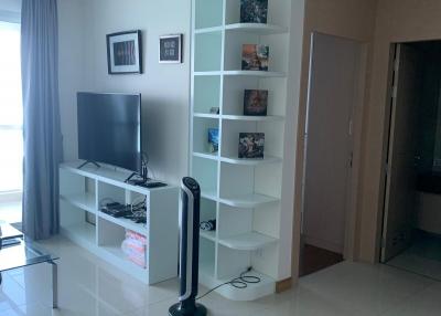 Modern living room interior with television and shelving unit