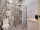 Modern bathroom interior with patterned walls and elegant fixtures