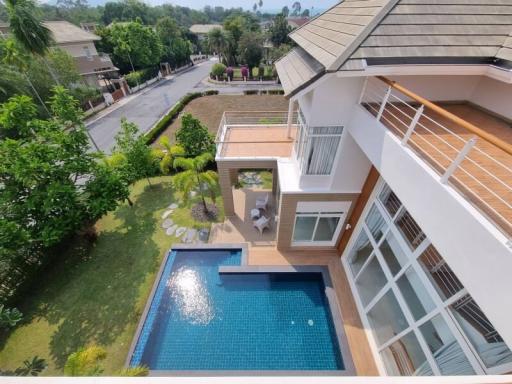 Luxurious home exterior with swimming pool and landscaped garden
