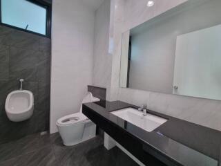 Modern bathroom with sleek design featuring a wall-mounted toilet and urinal, undermount sink with cabinet, and large mirror