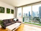 Modern living room with city view and balcony access