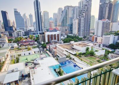 Panoramic city view from a high-rise balcony