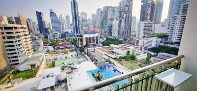 Panoramic city view from a high-rise balcony