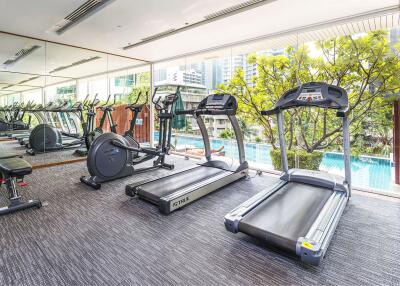 Modern gym facility with cardio machines and city view