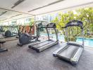 Modern gym facility with cardio machines and city view