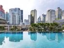 Swimming pool with city skyline view