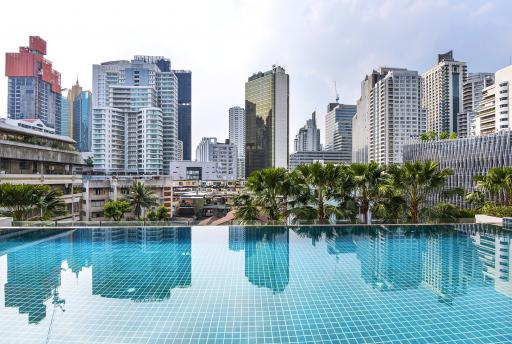 Swimming pool with city skyline view