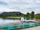 Serene lake view with paddle boats and a mountain backdrop