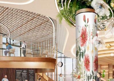 Modern and stylish interior of a communal building space with artistic floral column decoration