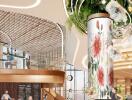 Modern and stylish interior of a communal building space with artistic floral column decoration