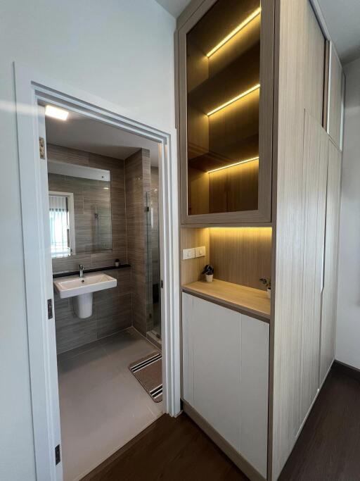 Modern bathroom with elegant cabinetry and lighting