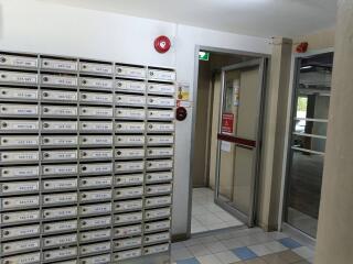 Mailboxes in an apartment building lobby