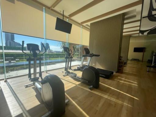 Modern in-house gym with exercise equipment and floor-to-ceiling windows