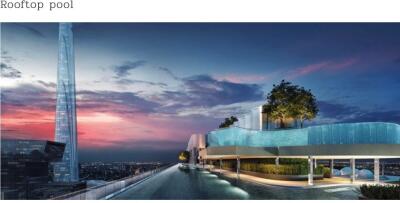 Luxurious rooftop swimming pool with city skyline at sunset