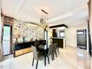 Modern dining room with decorative wallpaper and tiled flooring